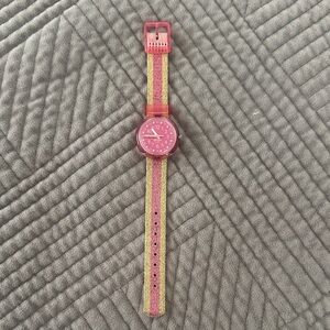 Swatch Kids Pink and Gold Glitter Stripe Watch